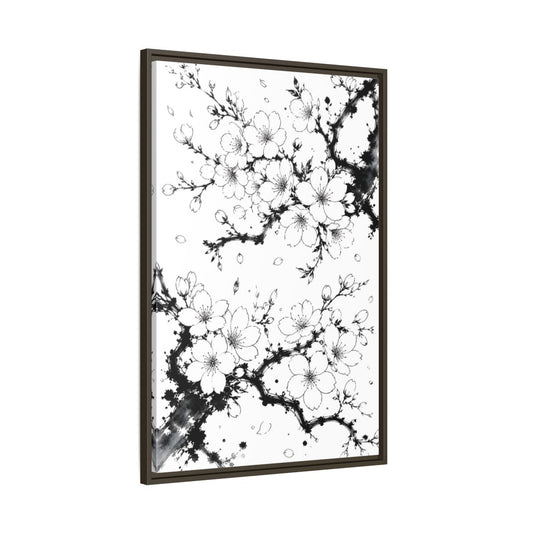 Floral Cherry Blossoms Black White Framed Canvas Print Wall Art – Living Room Decor, Above Console Table - YesArtYes