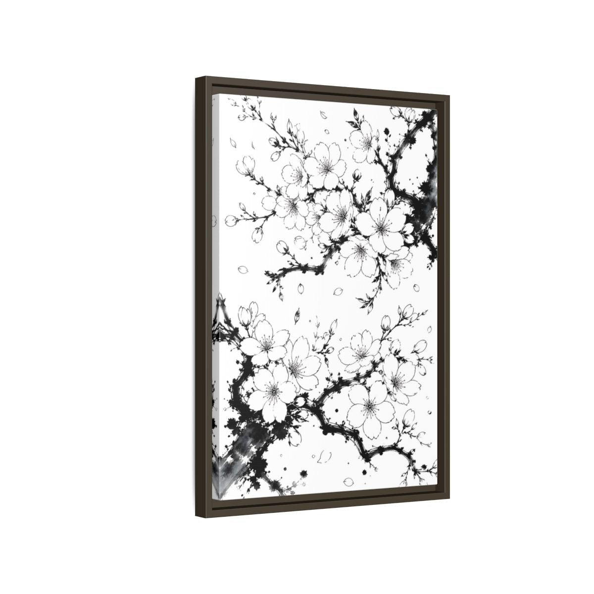 Floral Cherry Blossoms Black White Framed Canvas Print Wall Art – Living Room Decor, Above Console Table - YesArtYes