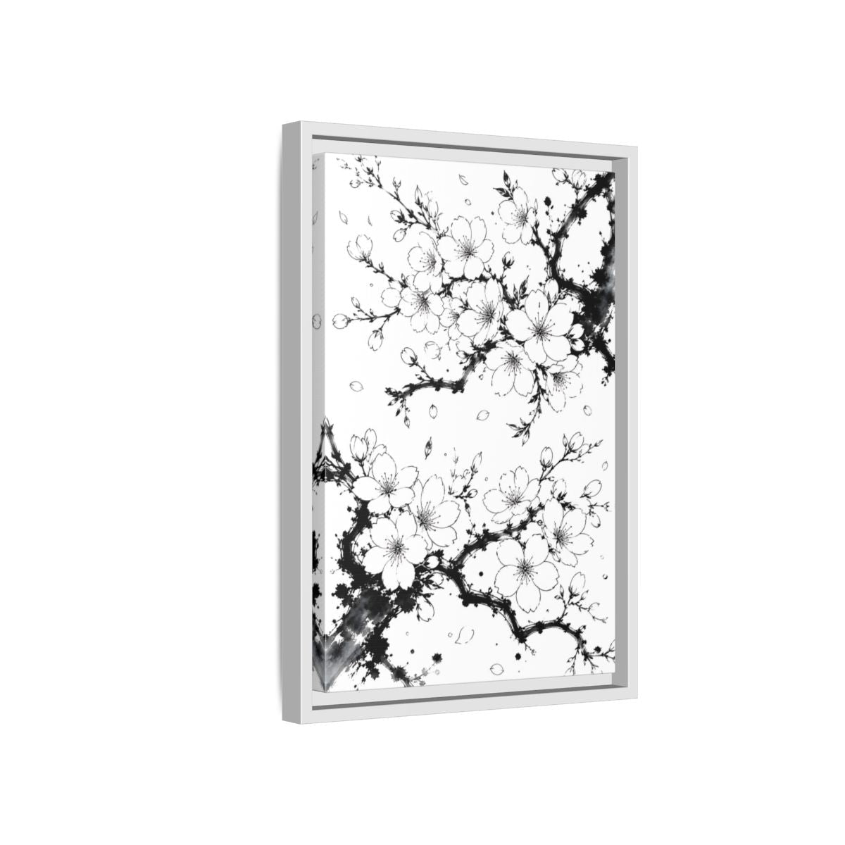 Floral Cherry Blossoms Black White Framed Canvas Print Wall Art – Living Room Decor, Above Console Table - YesArtYes