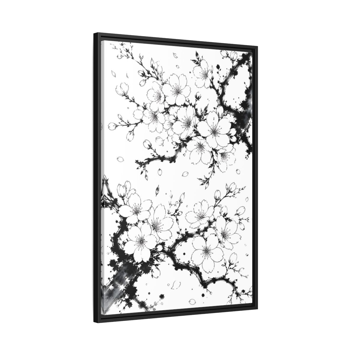 Floral Cherry Blossoms Black White Framed Canvas Print Wall Art – Living Room Decor, Above Console Table - YesArtYes