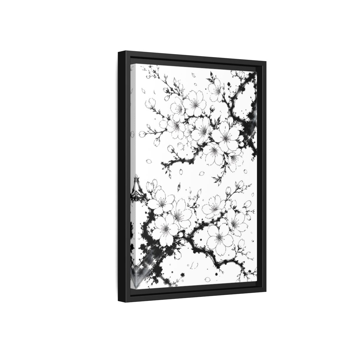 Floral Cherry Blossoms Black White Framed Canvas Print Wall Art – Living Room Decor, Above Console Table - YesArtYes