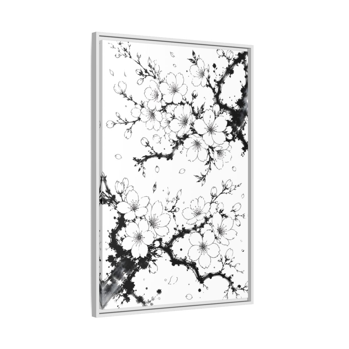 Floral Cherry Blossoms Black White Framed Canvas Print Wall Art – Living Room Decor, Above Console Table - YesArtYes