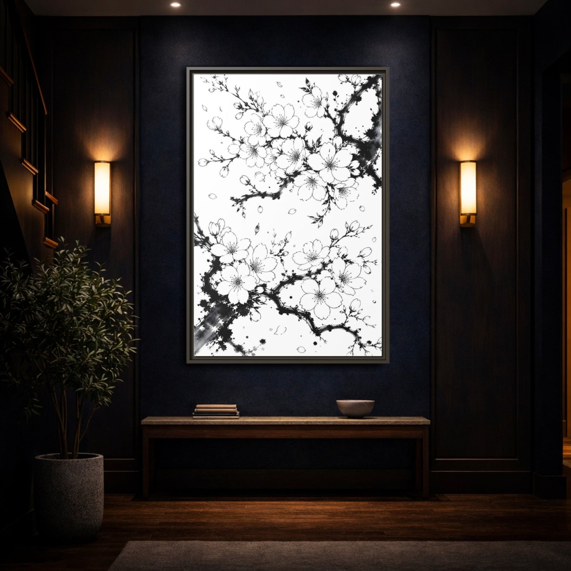 Floral Cherry Blossoms Black White Framed Canvas Print Wall Art – Living Room Decor, Above Console Table - YesArtYes