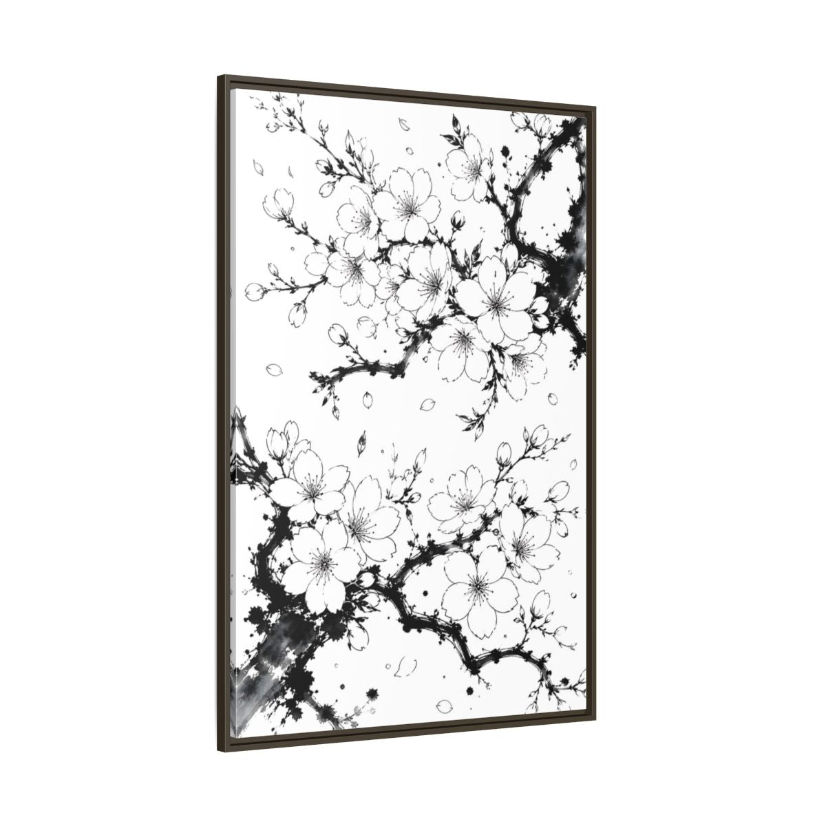 Floral Cherry Blossoms Black White Framed Canvas Print Wall Art – Living Room Decor, Above Console Table - YesArtYes