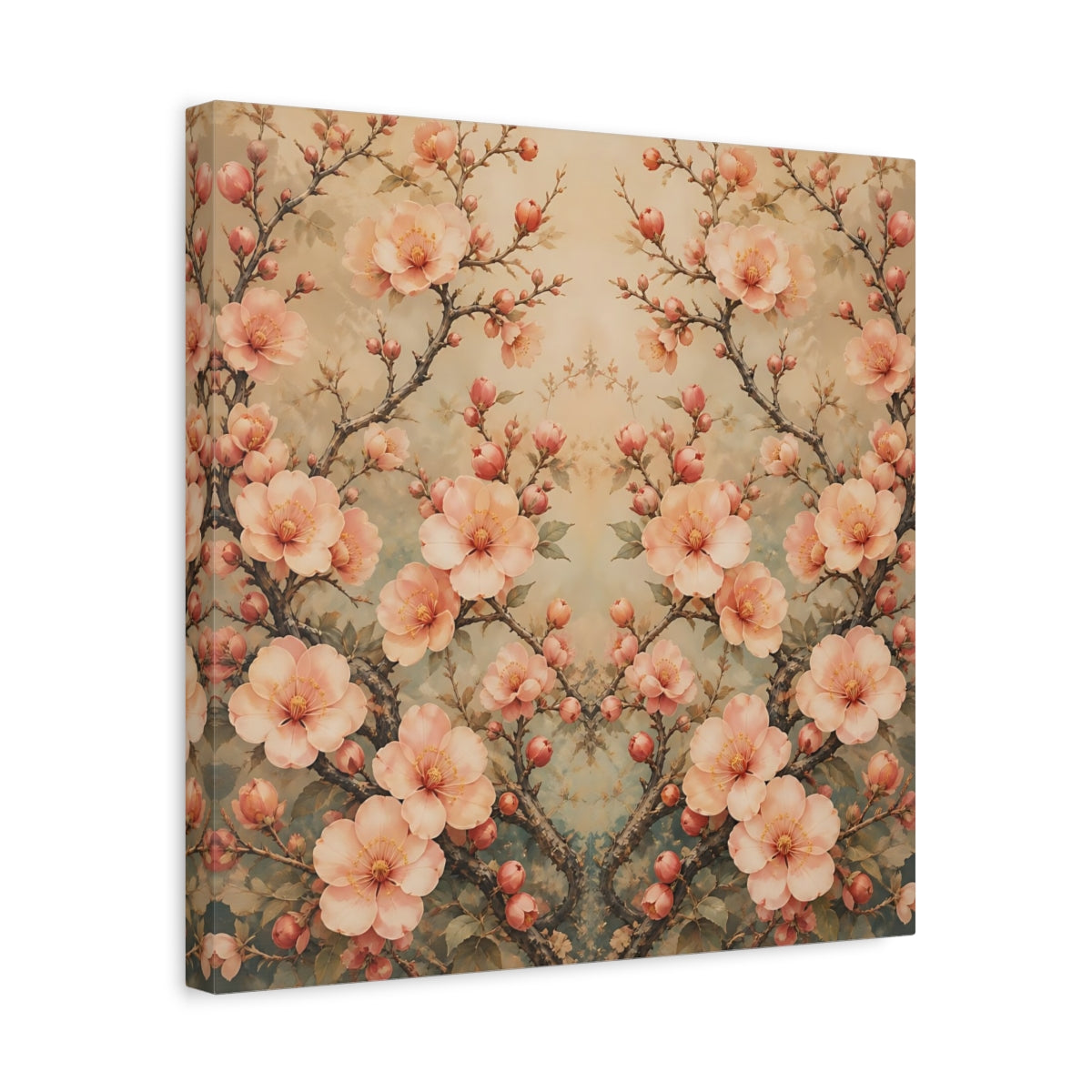 Side Mockup 6. Floral Cherry Blossoms Blush Teal Floral shown as stretched canvas wall art