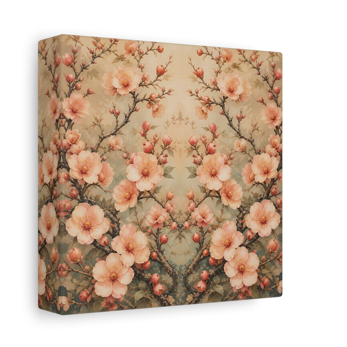 Side Mockup 2. Floral Cherry Blossoms Blush Teal Floral shown as stretched canvas wall art
