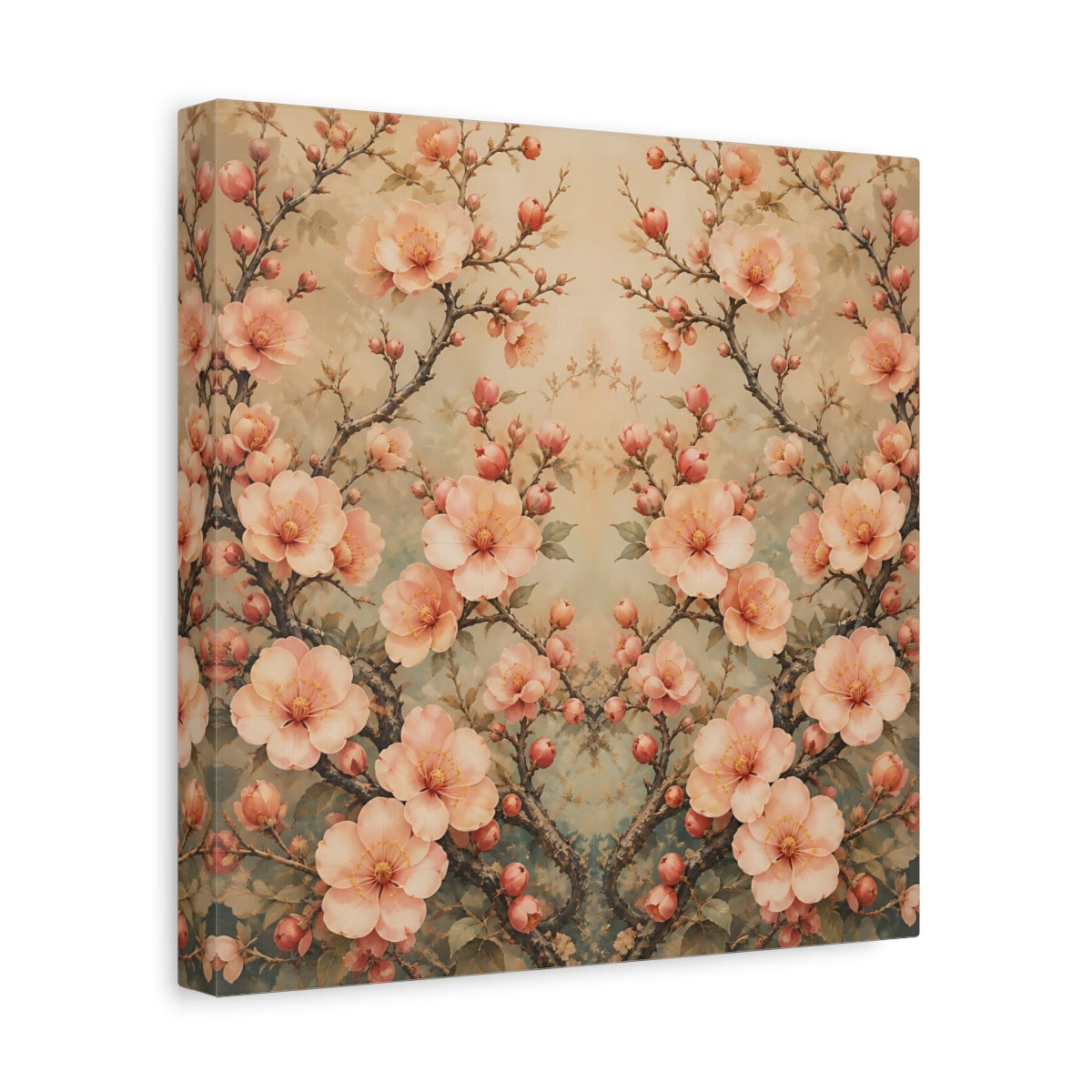 Side Mockup 8. Floral Cherry Blossoms Blush Teal Floral shown as stretched canvas wall art