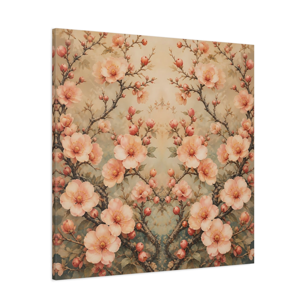Side Mockup 1. Floral Cherry Blossoms Blush Teal Floral shown as stretched canvas wall art