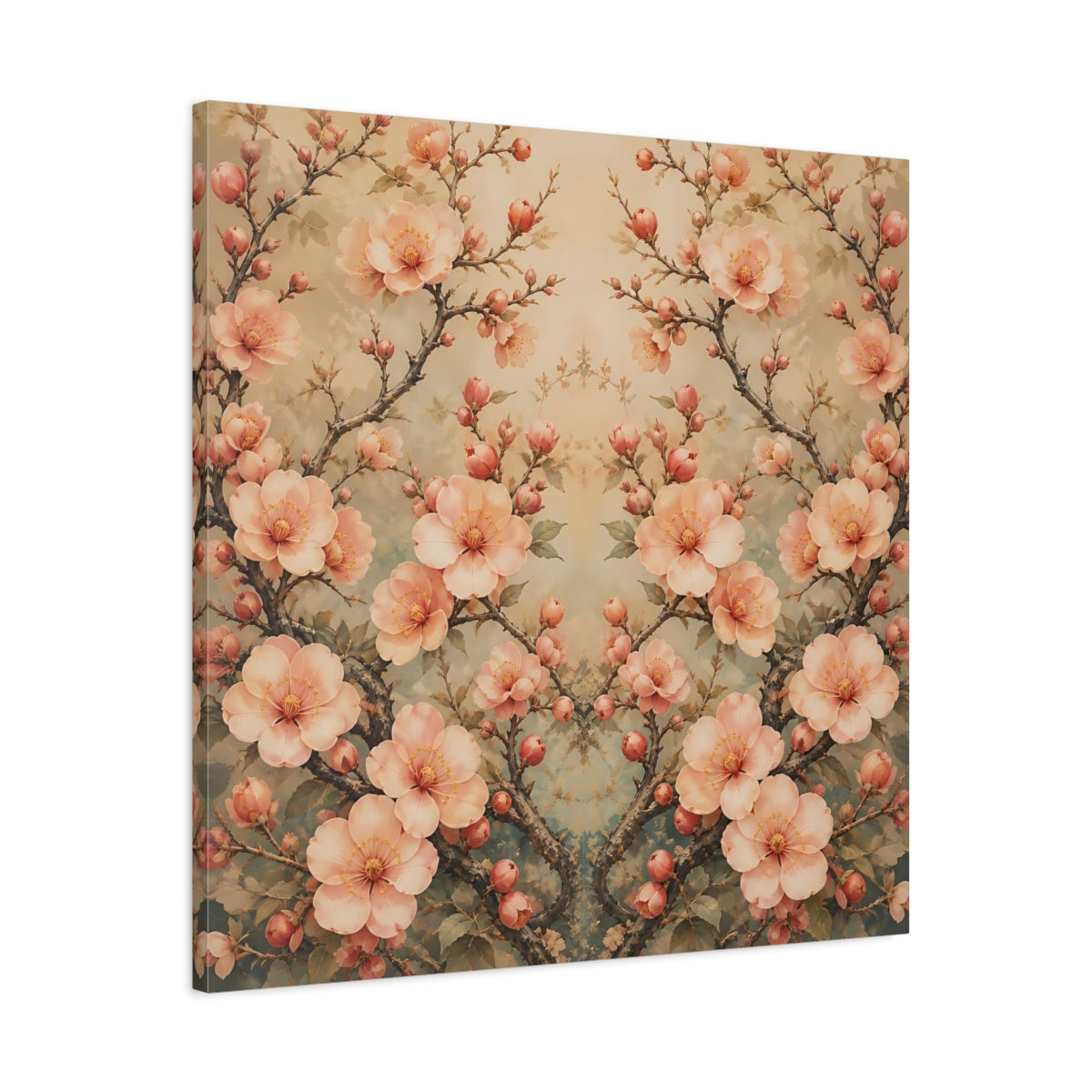 Side Mockup 3. Floral Cherry Blossoms Blush Teal Floral shown as stretched canvas wall art