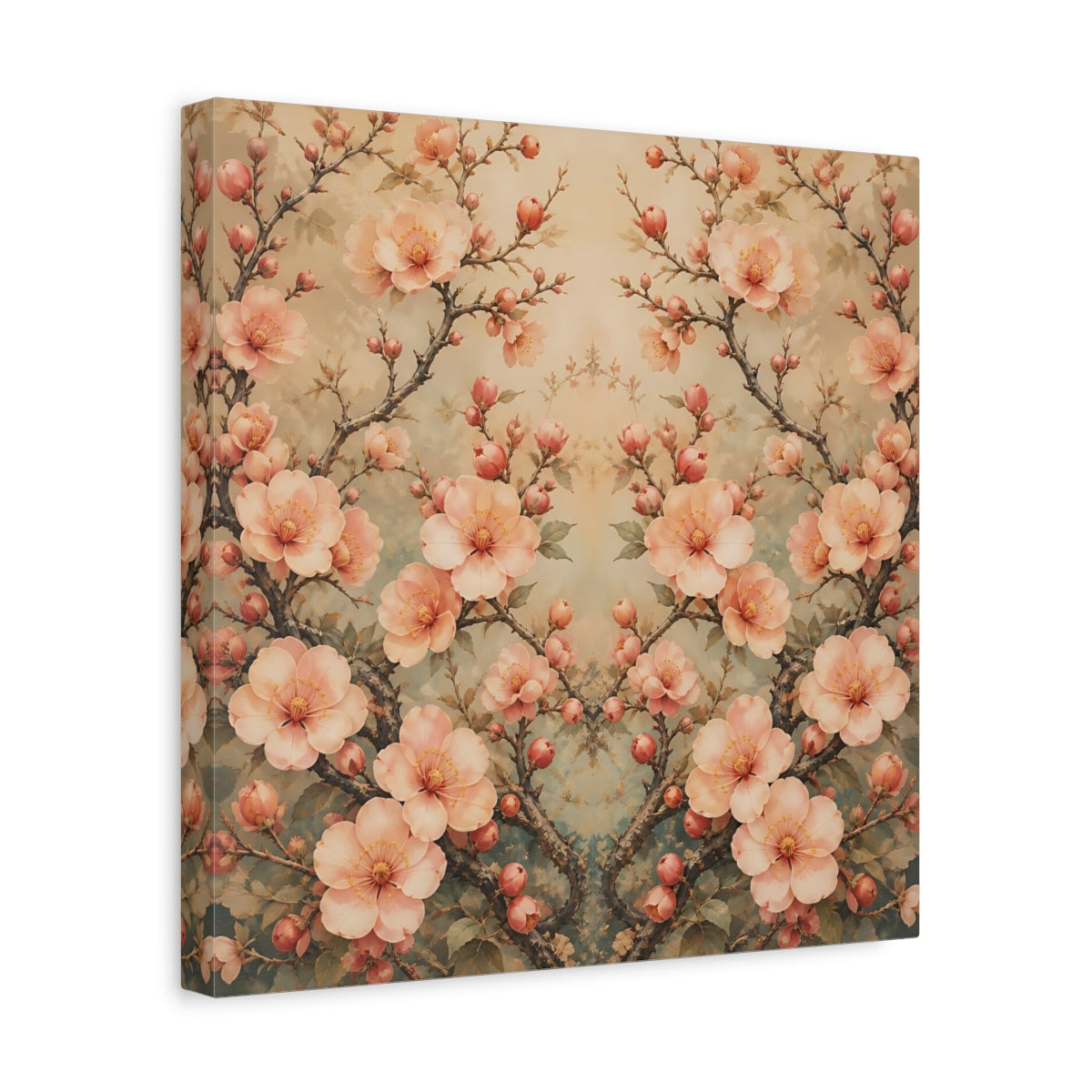 Side Mockup 7. Floral Cherry Blossoms Blush Teal Floral shown as stretched canvas wall art