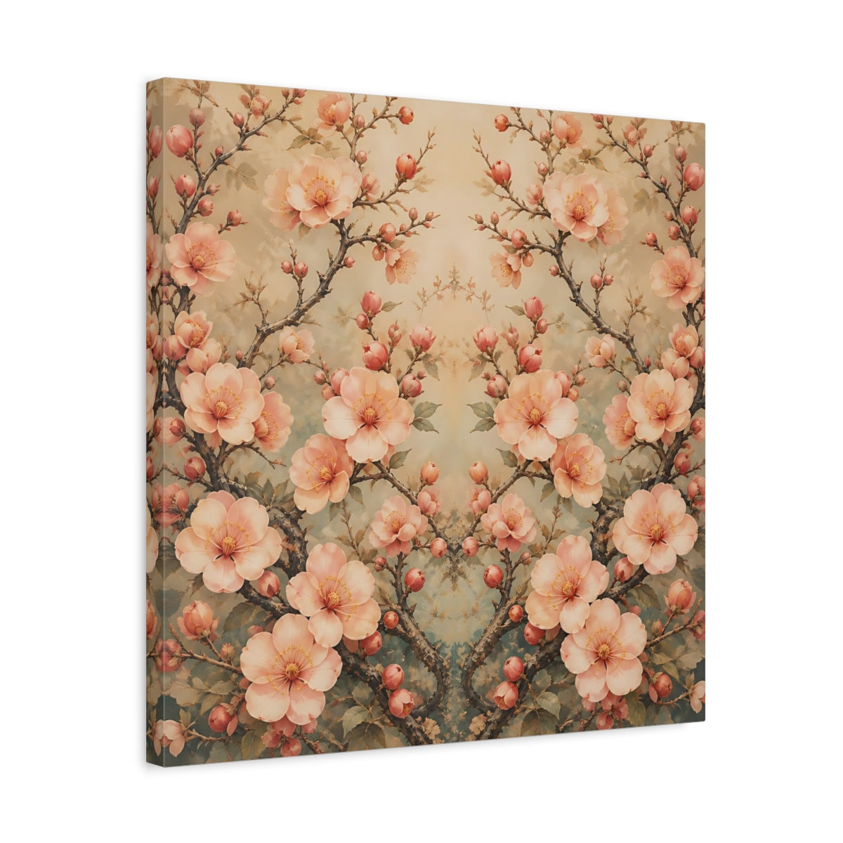 Side Mockup 5. Floral Cherry Blossoms Blush Teal Floral shown as stretched canvas wall art
