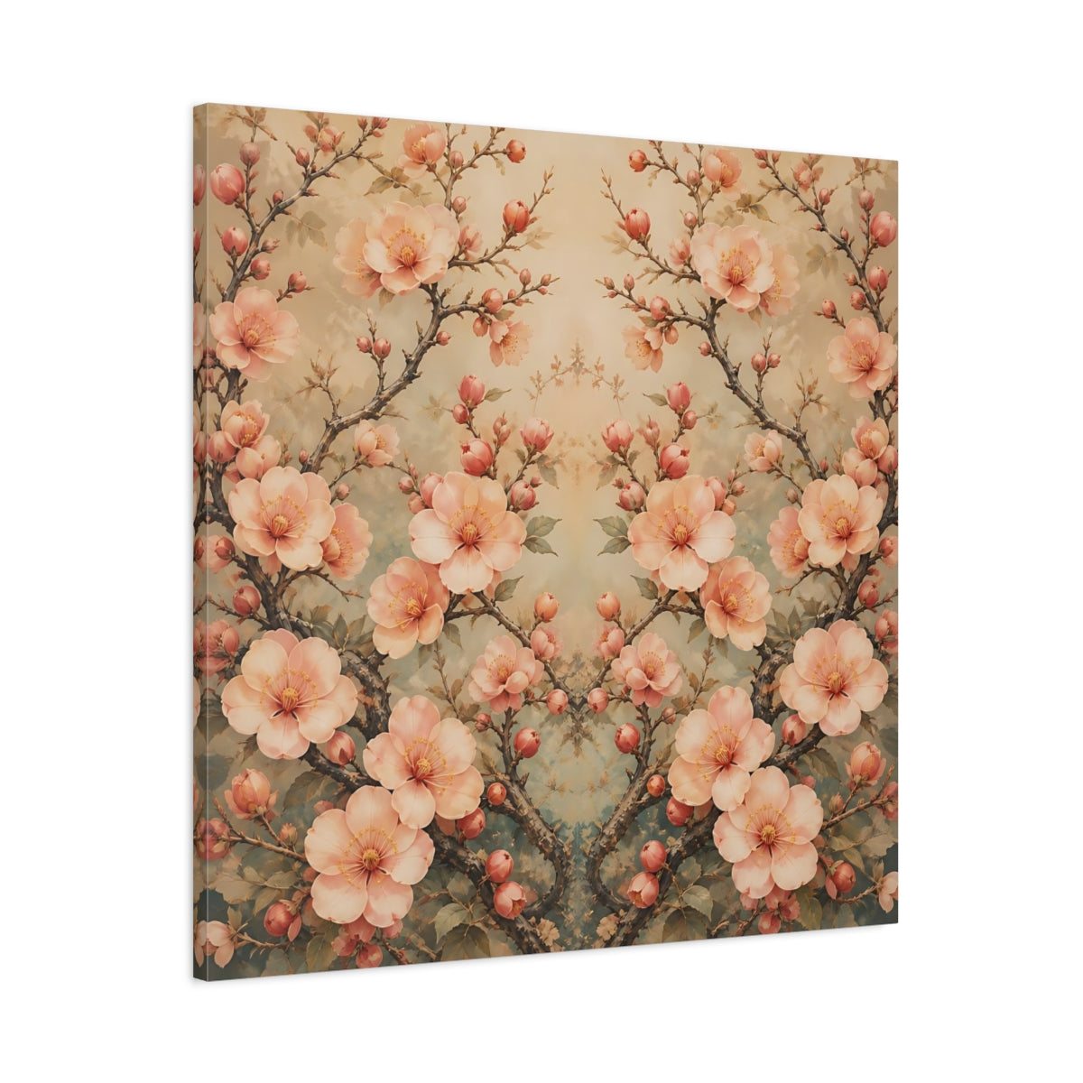 Main Mockup. Floral Cherry Blossoms Blush Teal Floral shown as stretched canvas wall art