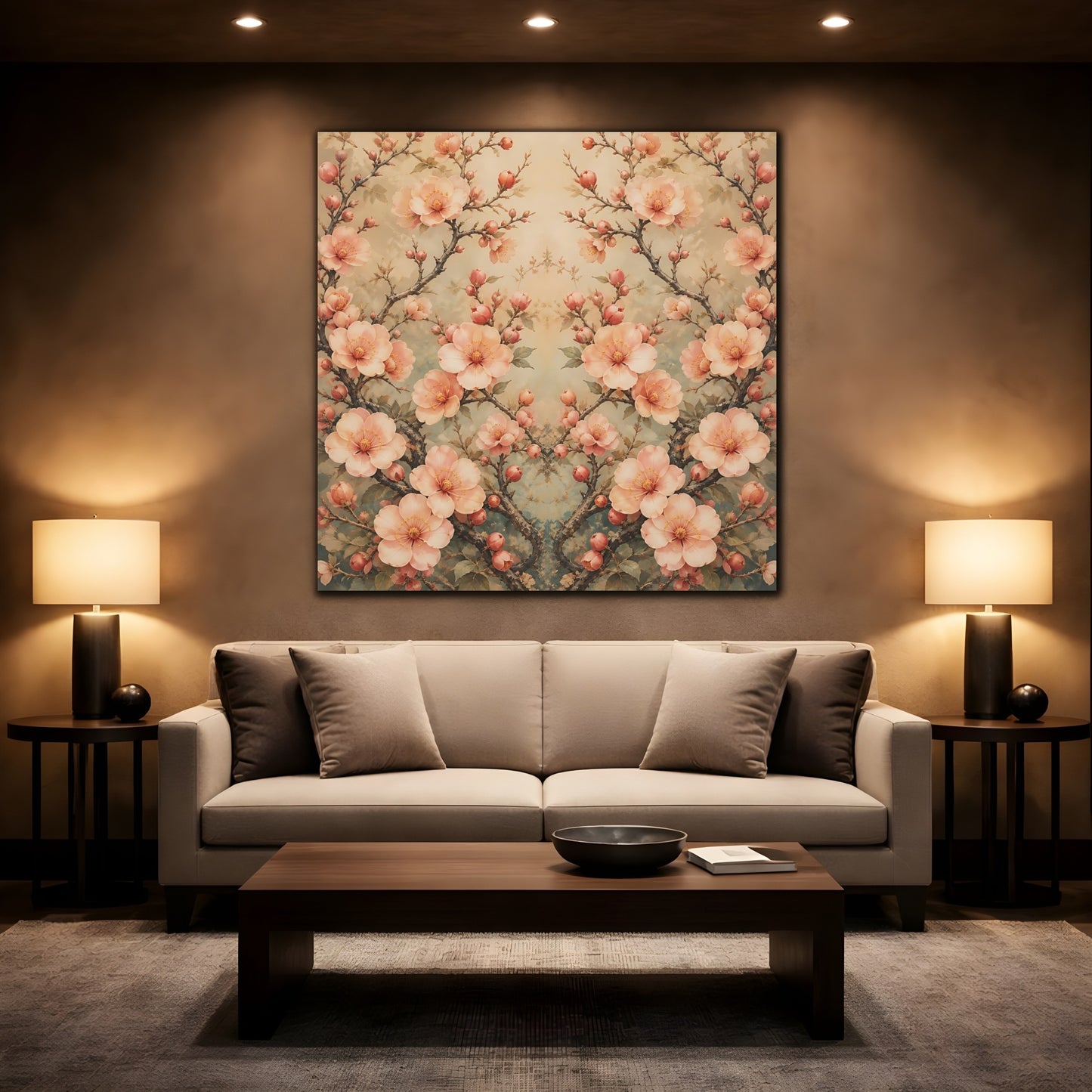 Mockup 2. Floral Cherry Blossoms Blush Teal Floral shown as stretched canvas wall art