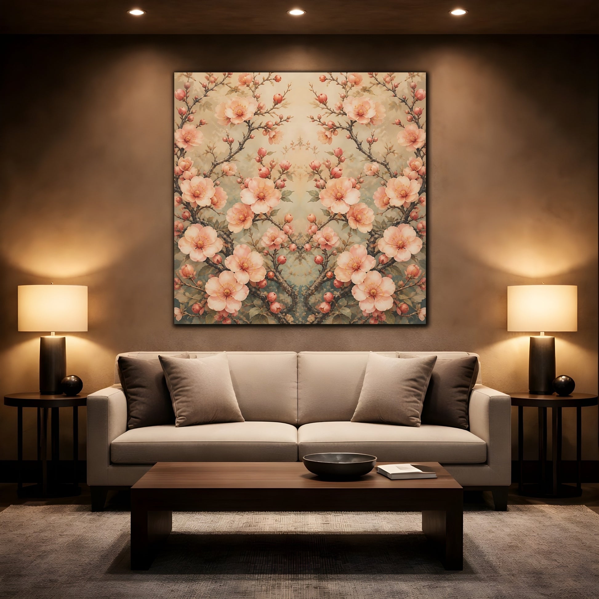 Mockup 2. Floral Cherry Blossoms Blush Teal Floral shown as stretched canvas wall art