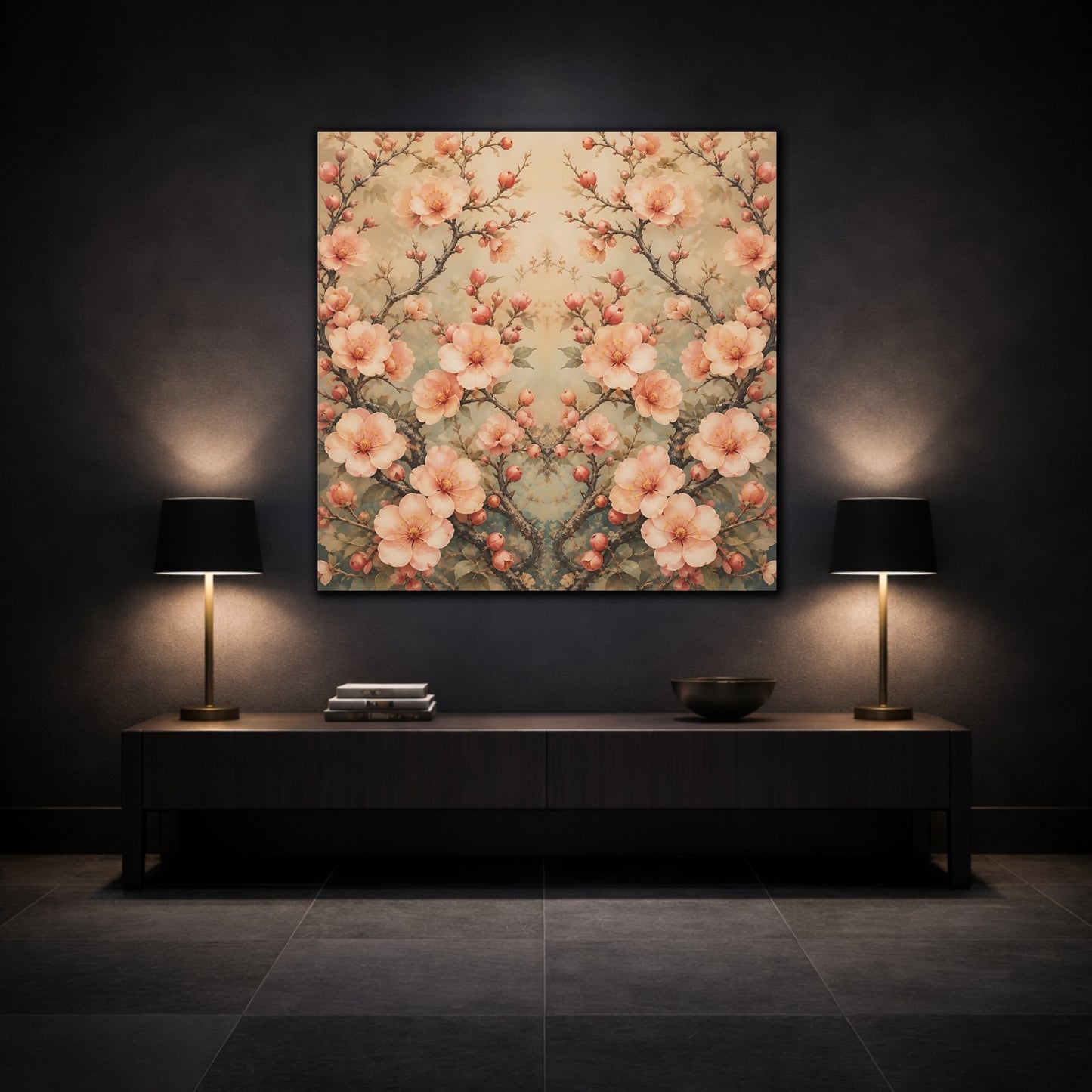 Mockup 3. Floral Cherry Blossoms Blush Teal Floral shown as stretched canvas wall art