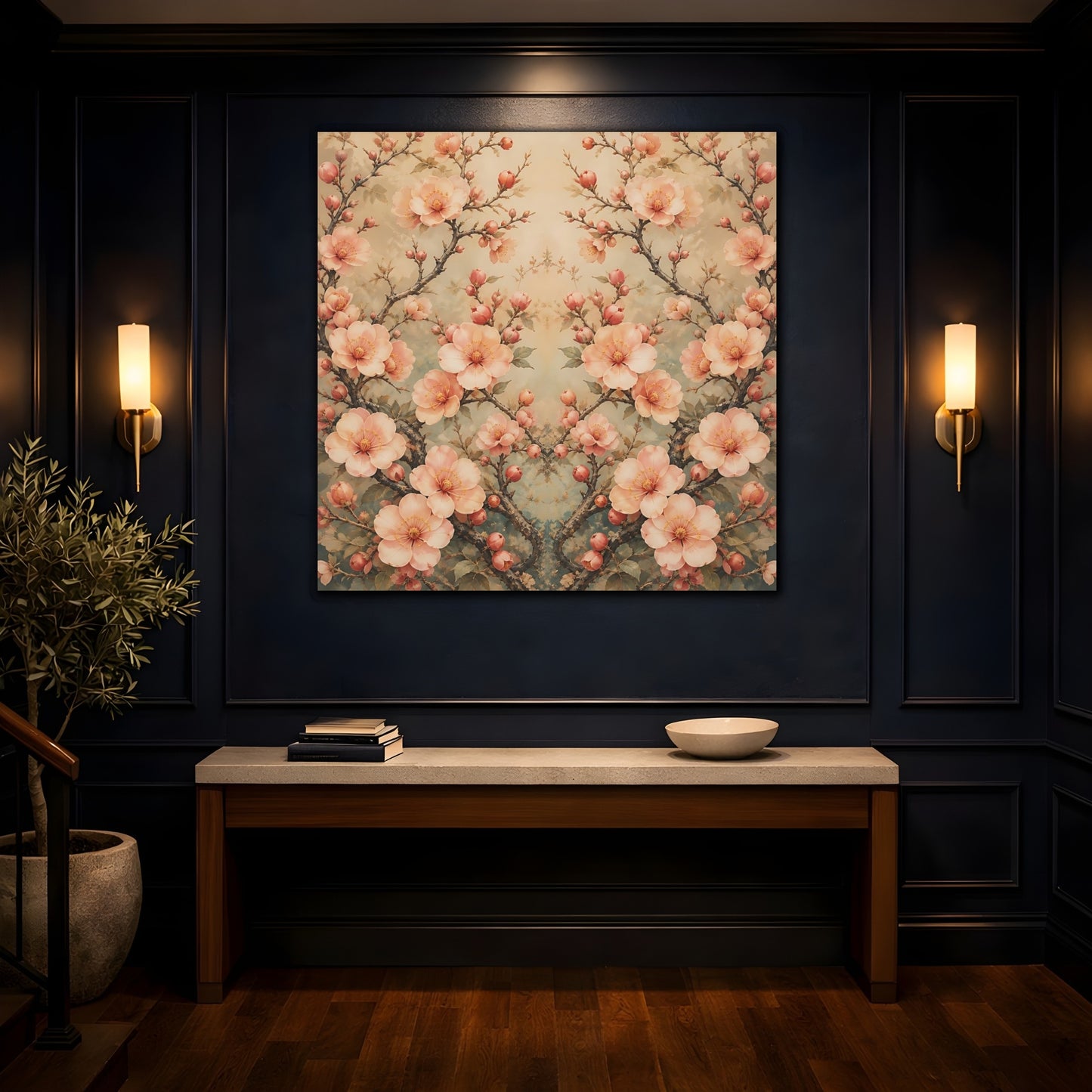 Mockup 4. Floral Cherry Blossoms Blush Teal Floral shown as stretched canvas wall art