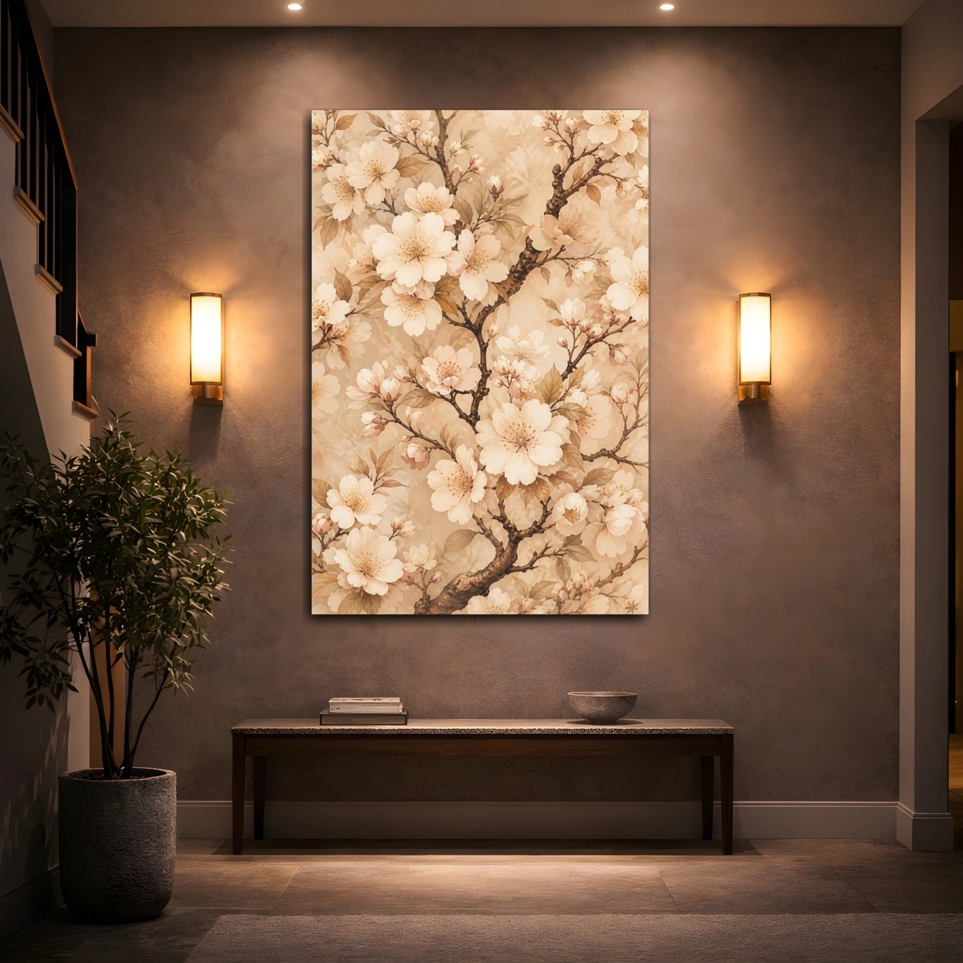 Floral Cherry Blossoms Cream Canvas Print – Living Room, Above Sofa - YesArtYes