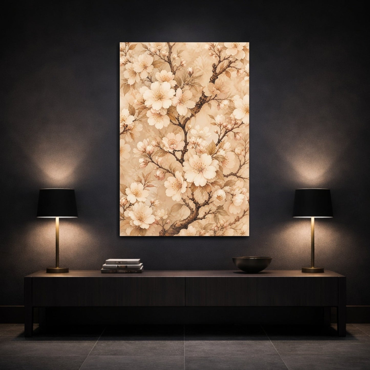 Floral Cherry Blossoms Cream Canvas Print – Living Room, Above Sofa - YesArtYes