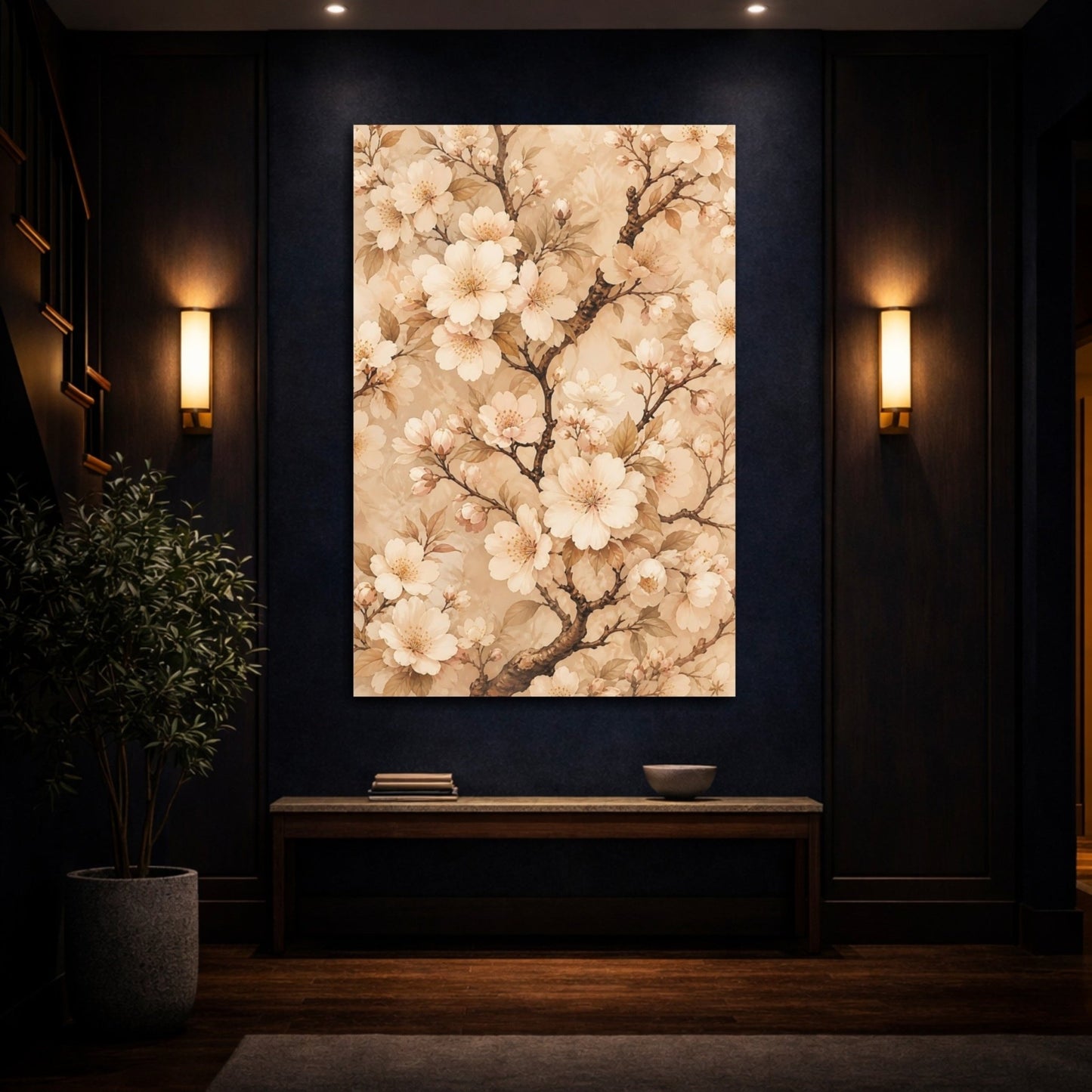 Floral Cherry Blossoms Cream Canvas Print – Living Room, Above Sofa - YesArtYes