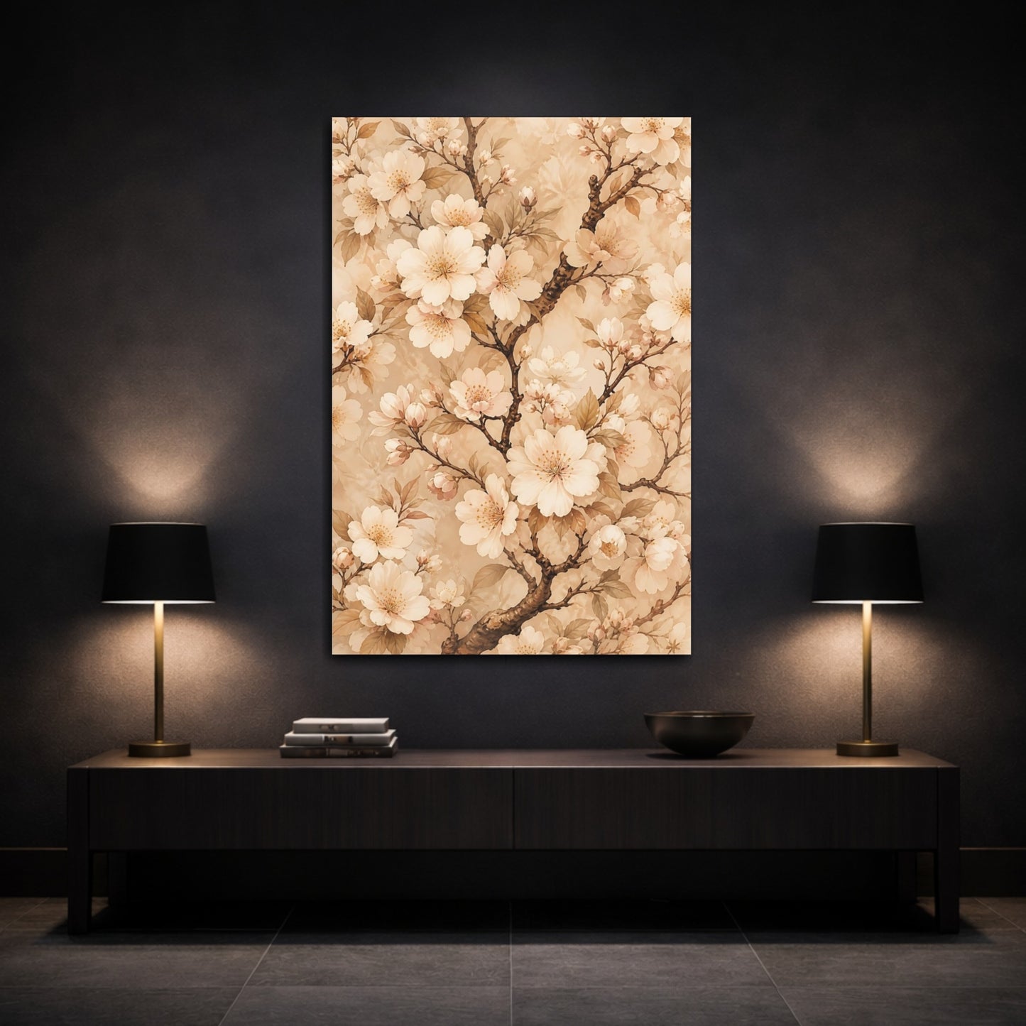 Mockup 3. Floral Cherry Blossoms Cream Floral shown as canvas print