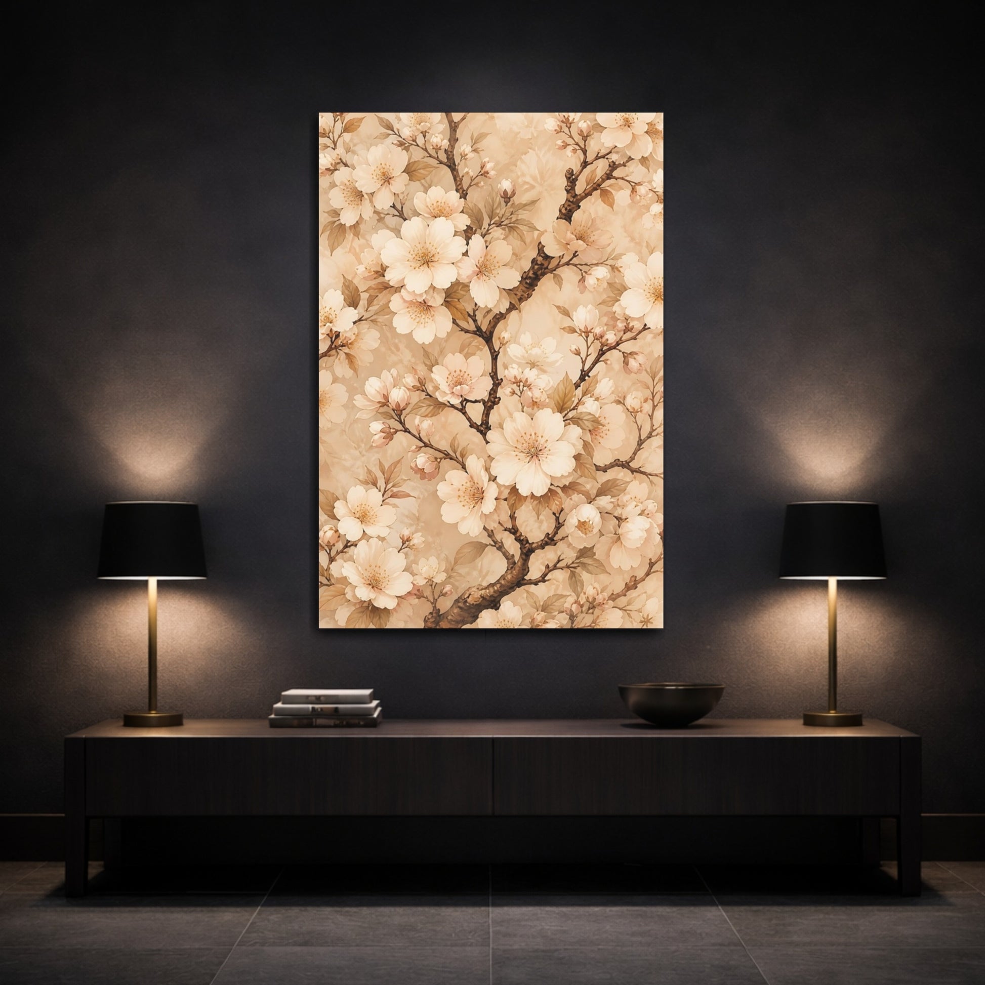 Mockup 3. Floral Cherry Blossoms Cream Floral shown as canvas print