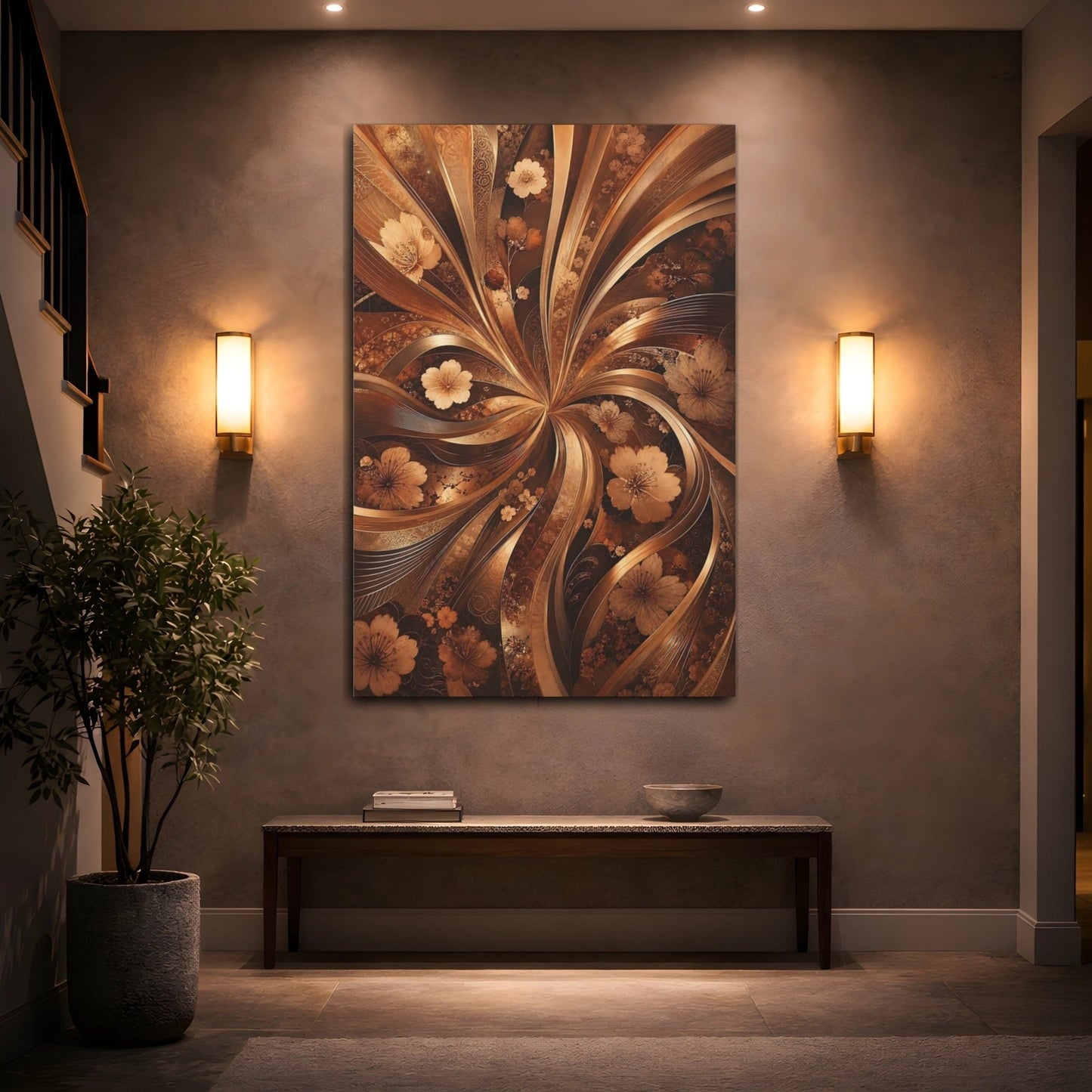 Floral Cherry Blossoms Gold And Brown Canvas Print – Luxury Decor for Living Room, Above Couch - YesArtYes