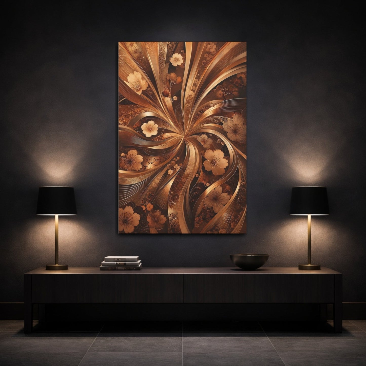 Floral Cherry Blossoms Gold And Brown Canvas Print – Luxury Decor for Living Room, Above Couch - YesArtYes