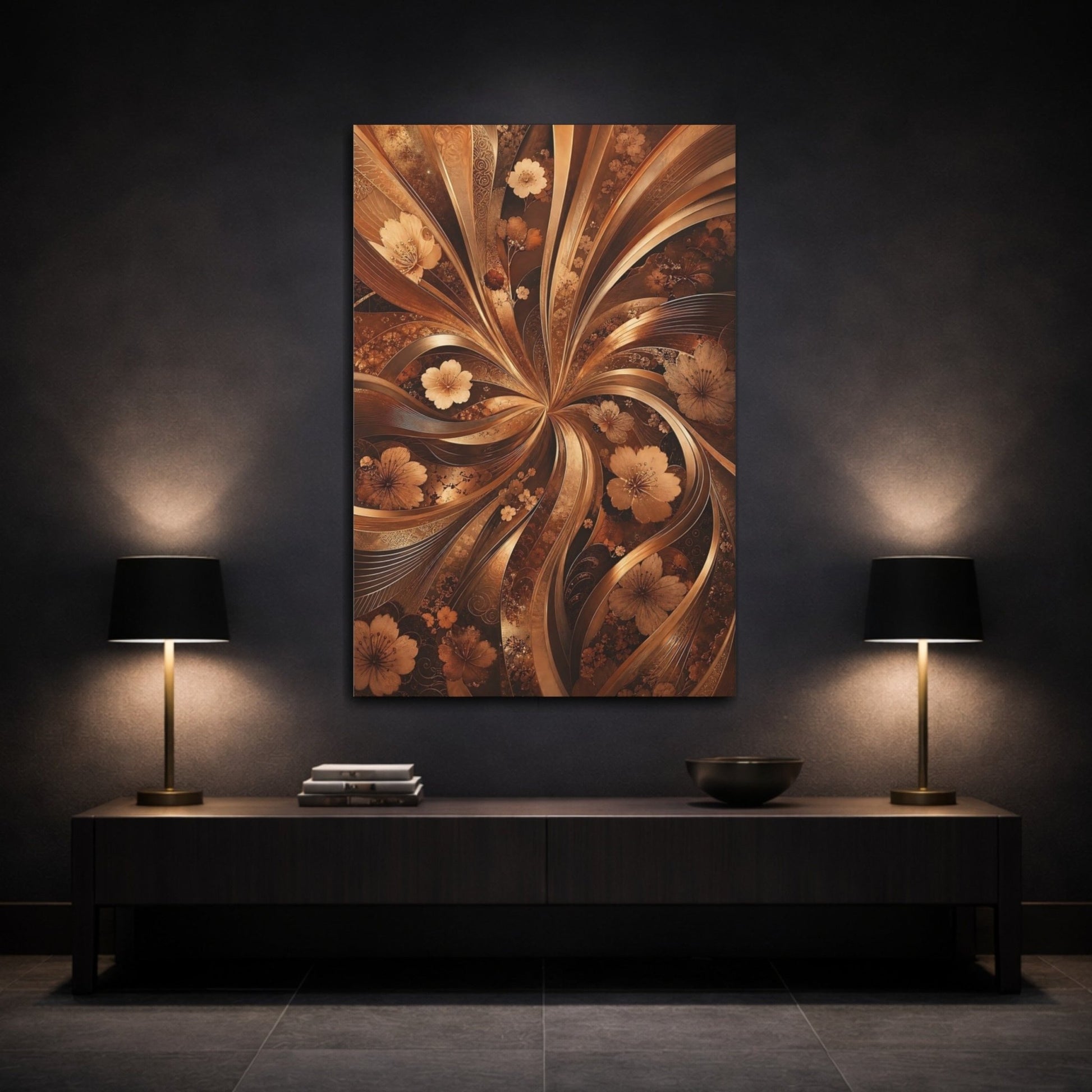 Floral Cherry Blossoms Gold And Brown Canvas Print – Luxury Decor for Living Room, Above Couch - YesArtYes