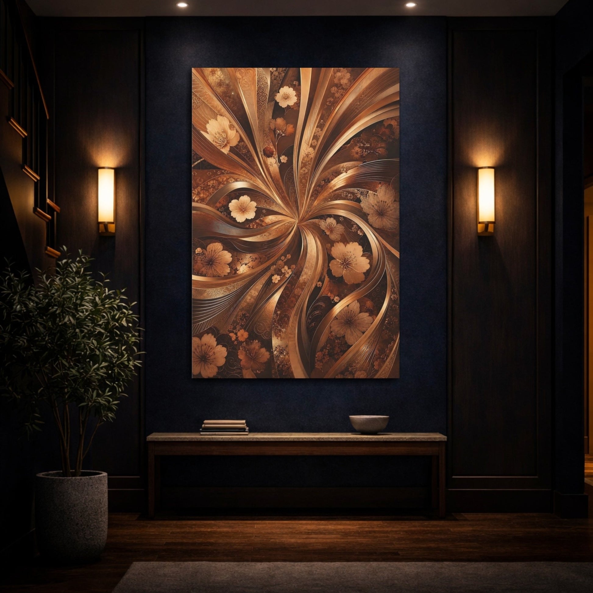 Floral Cherry Blossoms Gold And Brown Canvas Print – Luxury Decor for Living Room, Above Couch - YesArtYes