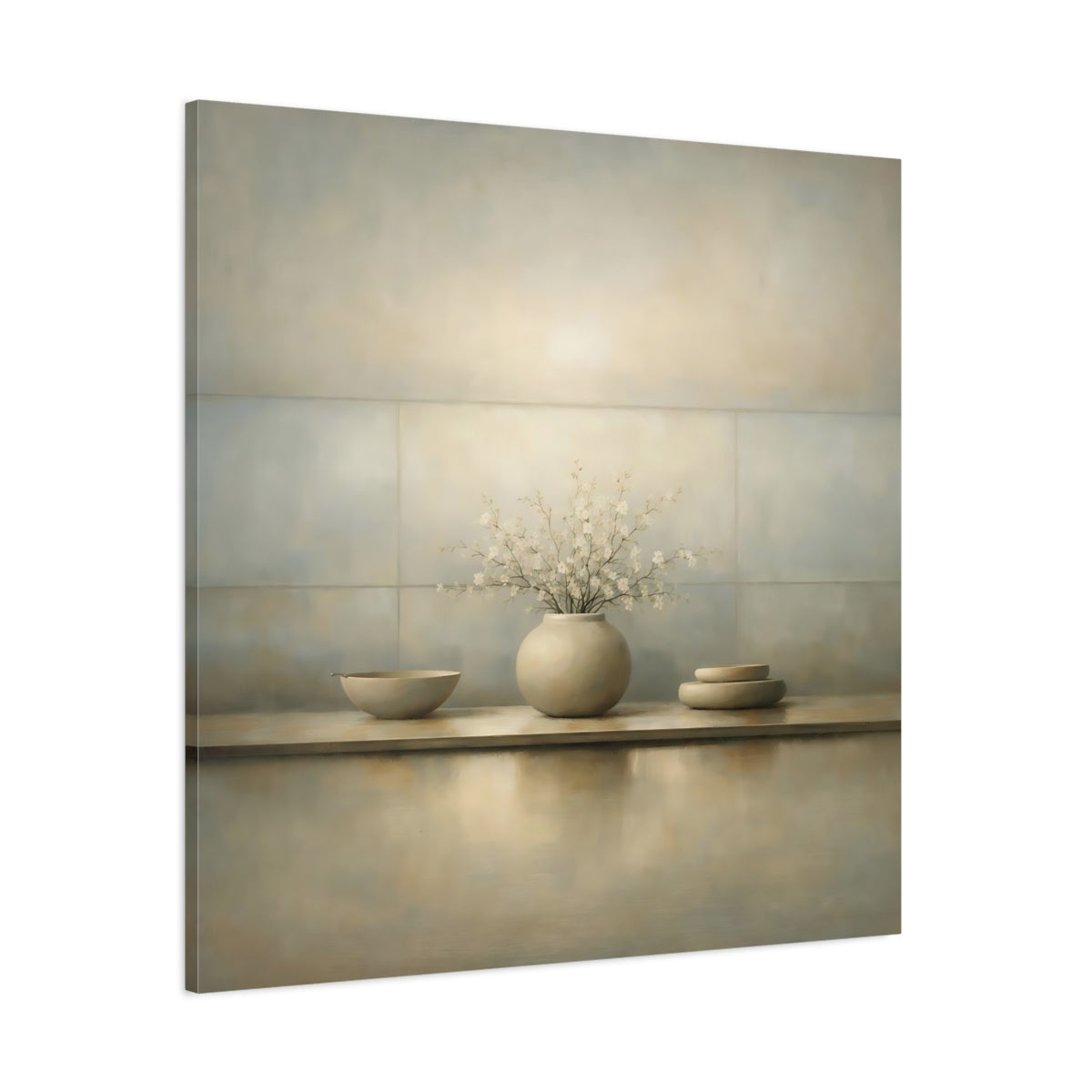 Main Mockup. Floral Cherry Blossoms Neutral Still Life shown as stretched canvas wall art