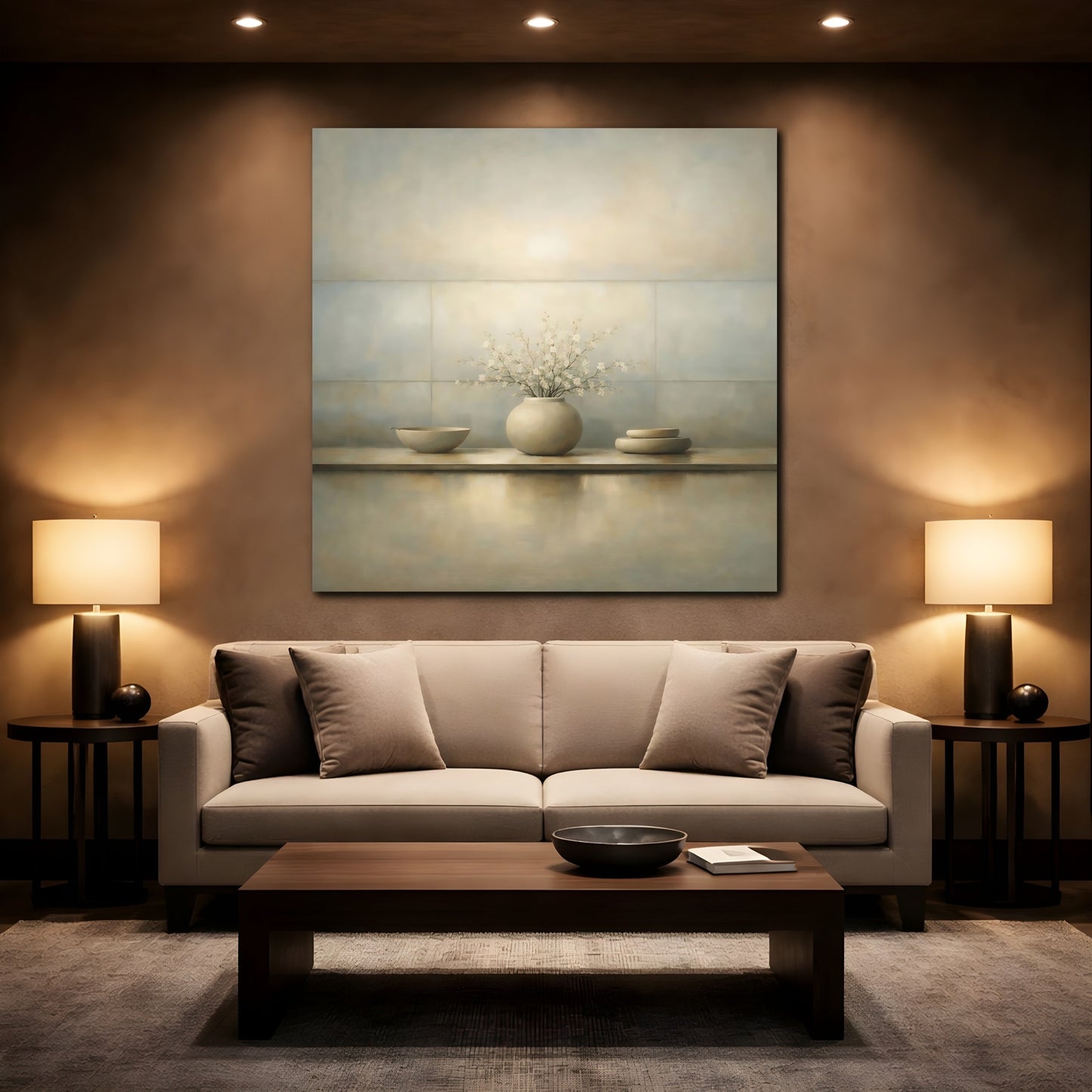 Mockup 2. Floral Cherry Blossoms Neutral Still Life shown as stretched canvas wall art