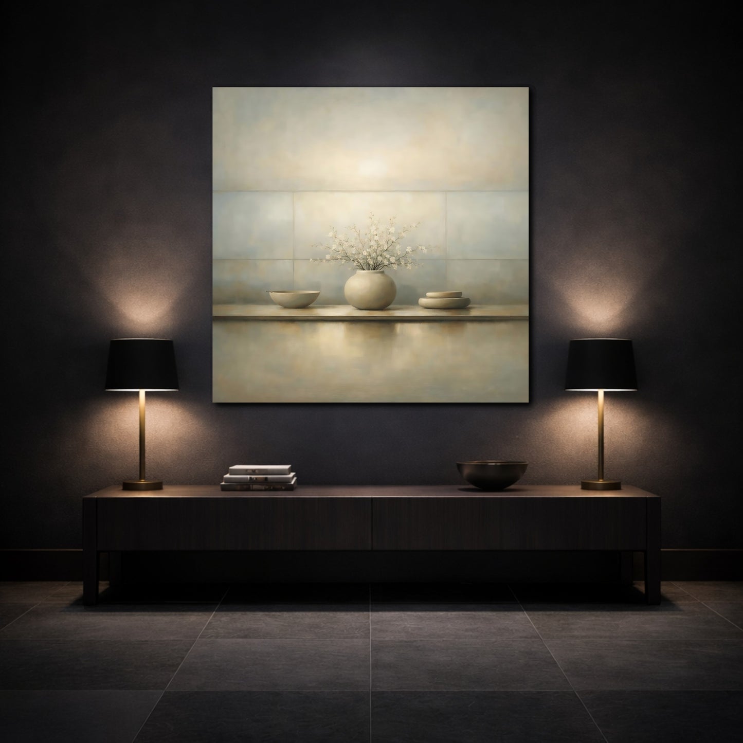 Mockup 3. Floral Cherry Blossoms Neutral Still Life shown as stretched canvas wall art