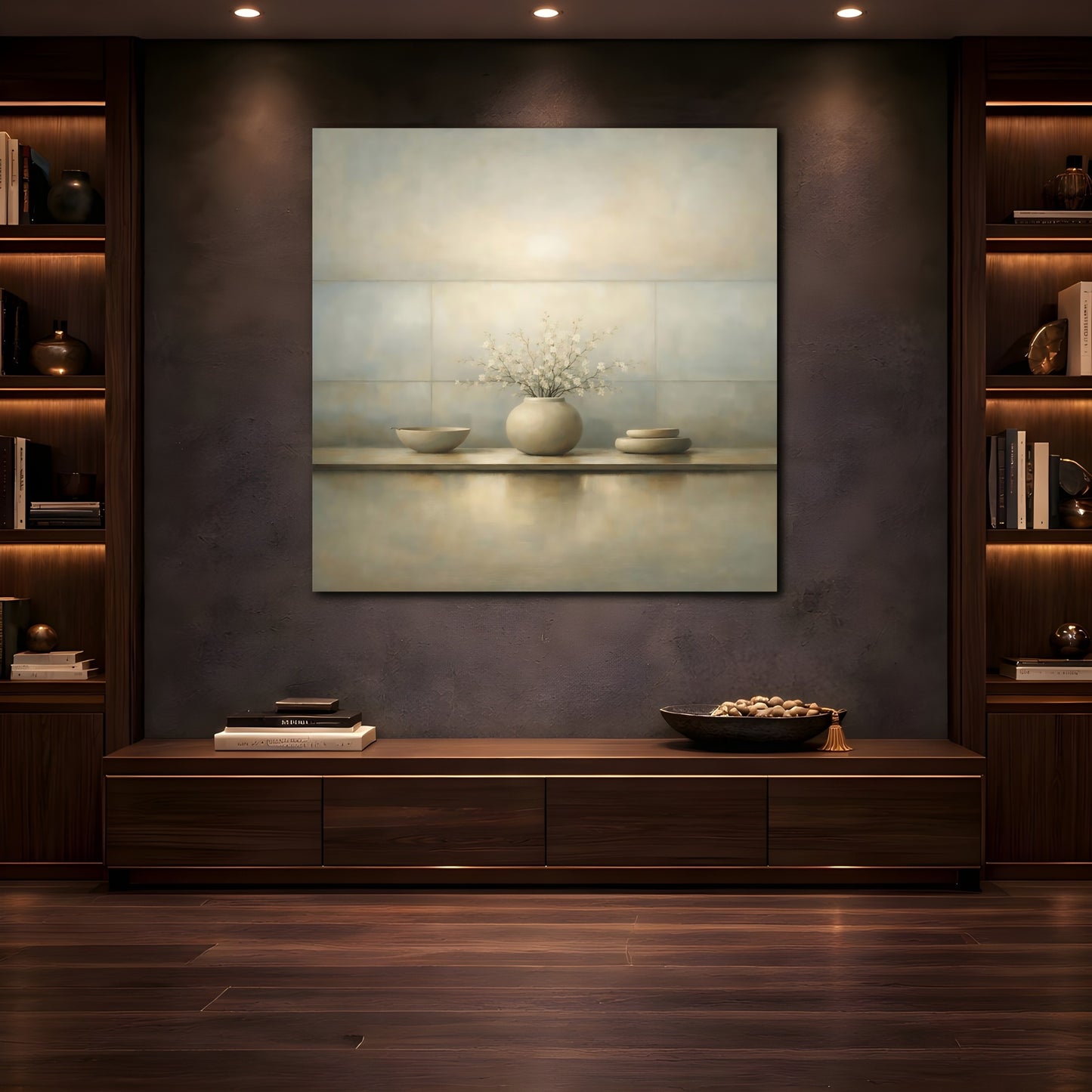 Mockup 4. Floral Cherry Blossoms Neutral Still Life shown as stretched canvas wall art