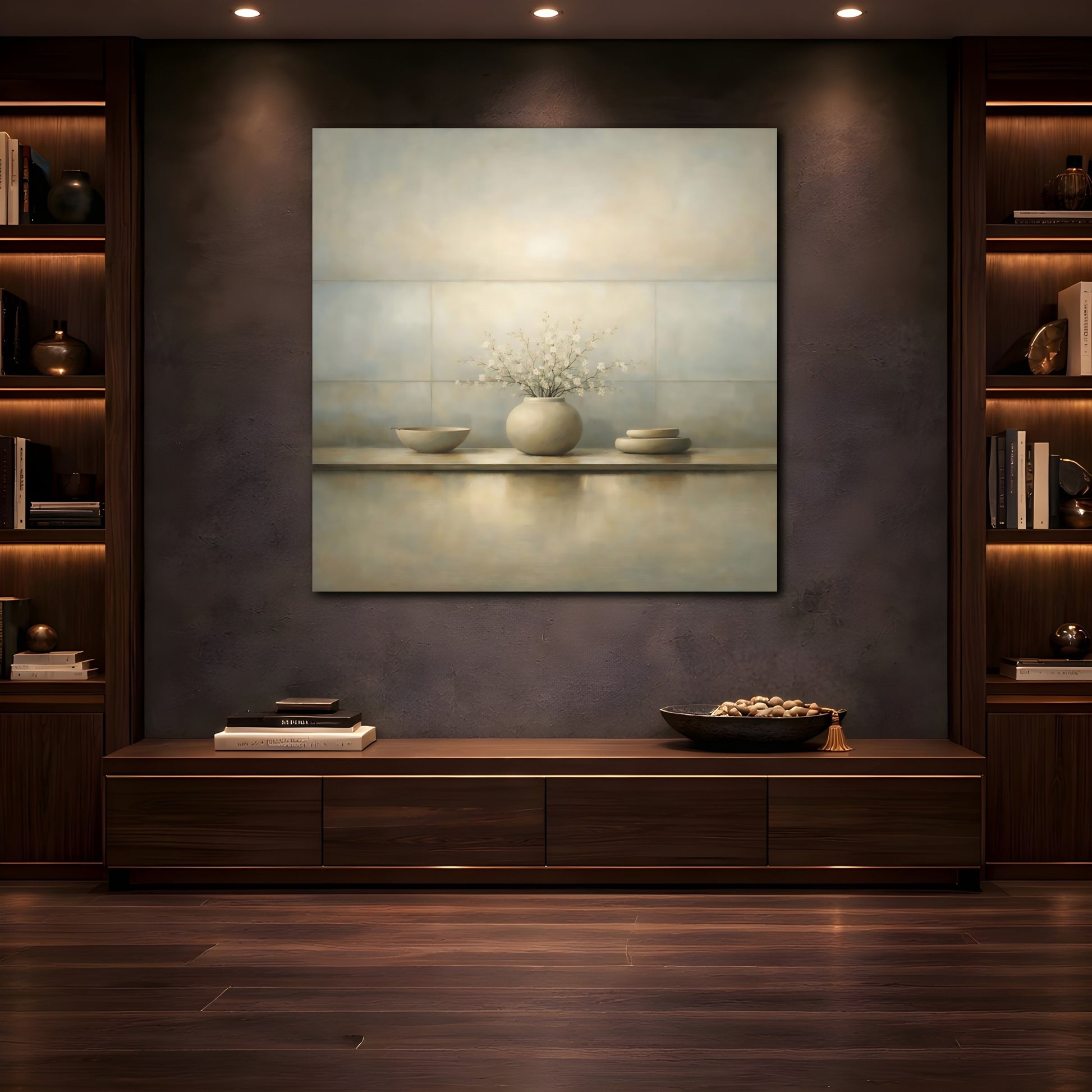 Mockup 4. Floral Cherry Blossoms Neutral Still Life shown as stretched canvas wall art