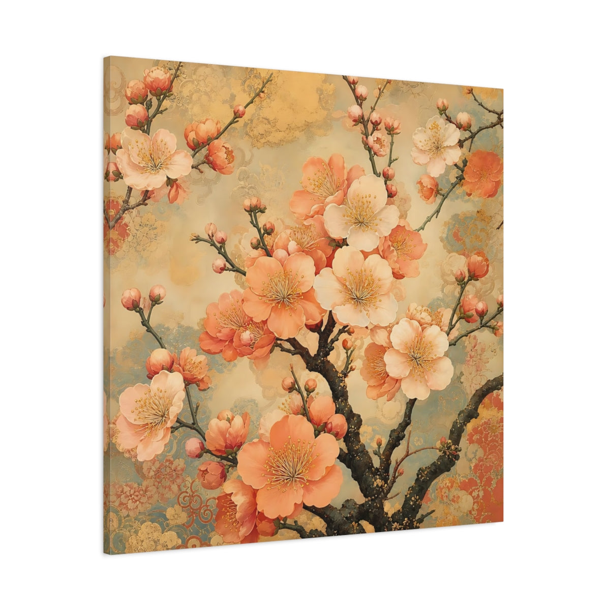 Side Mockup 1. Floral Cherry Blossoms Peach Gold Floral shown as stretched canvas wall art
