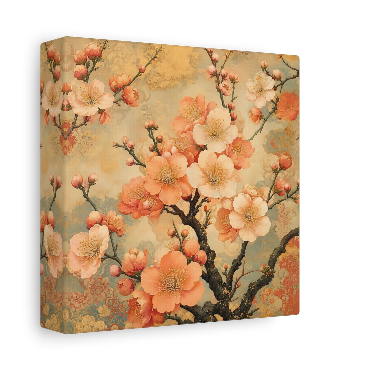 Side Mockup 2. Floral Cherry Blossoms Peach Gold Floral shown as stretched canvas wall art