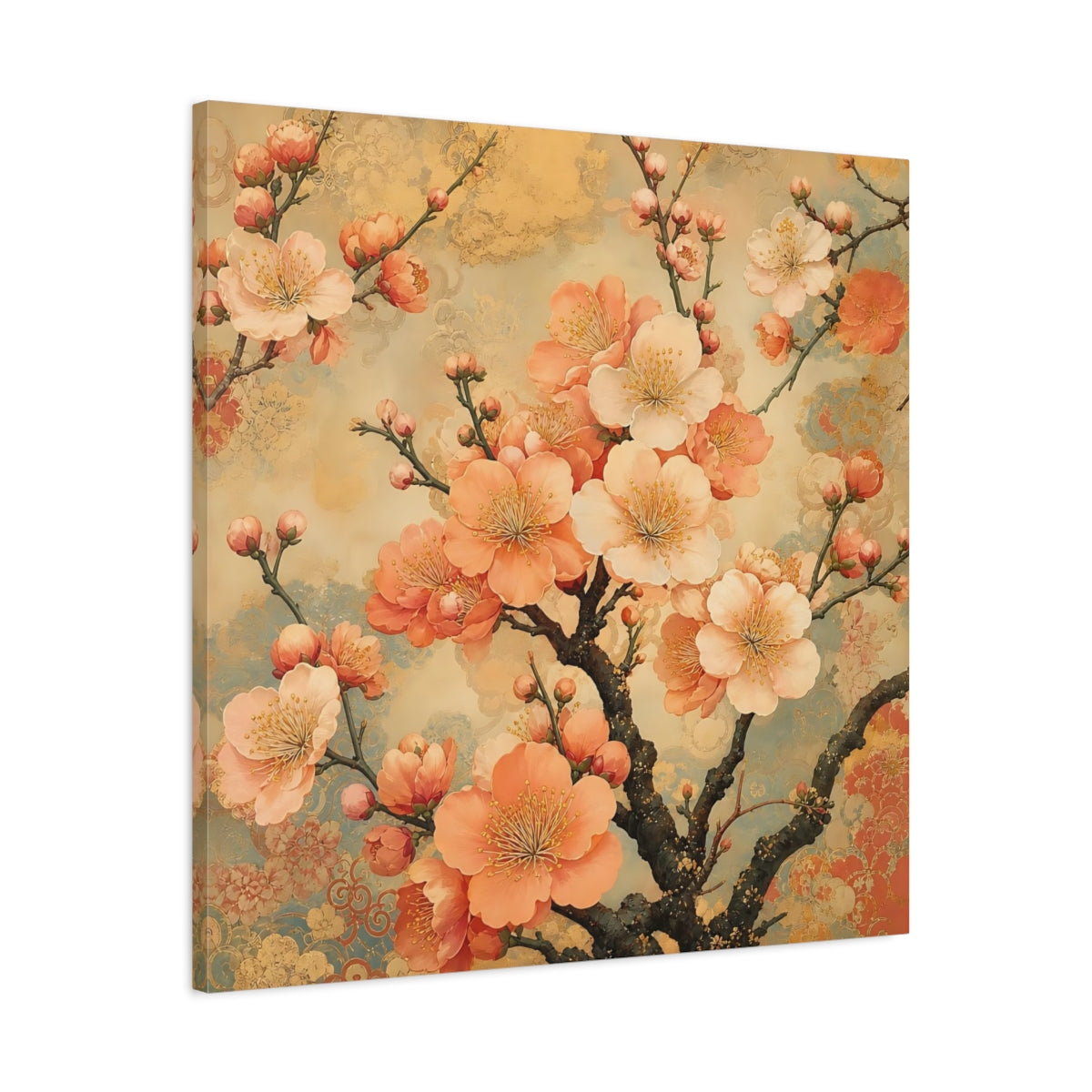 Side Mockup 3. Floral Cherry Blossoms Peach Gold Floral shown as stretched canvas wall art