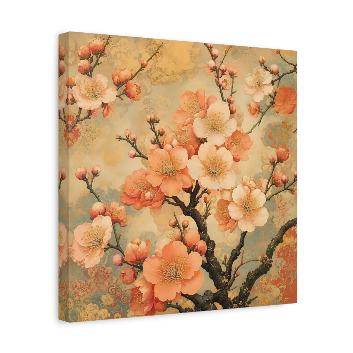 Side Mockup 7. Floral Cherry Blossoms Peach Gold Floral shown as stretched canvas wall art