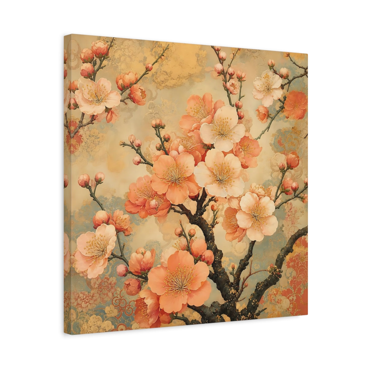 Side Mockup 5. Floral Cherry Blossoms Peach Gold Floral shown as stretched canvas wall art