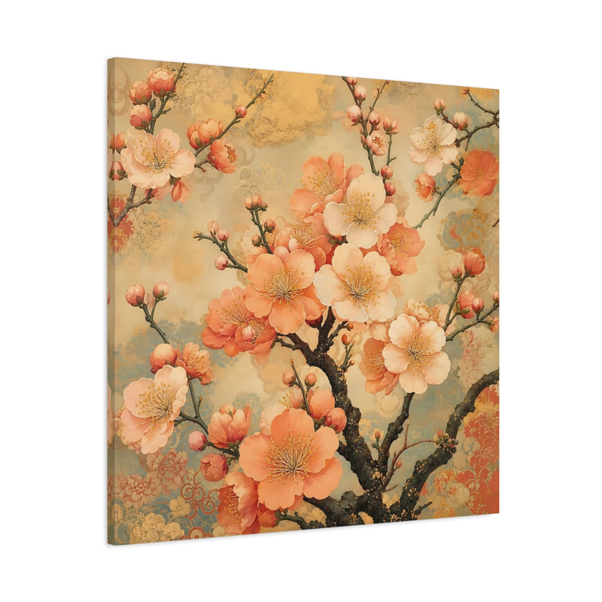 Main Mockup. Floral Cherry Blossoms Peach Gold Floral shown as stretched canvas wall art