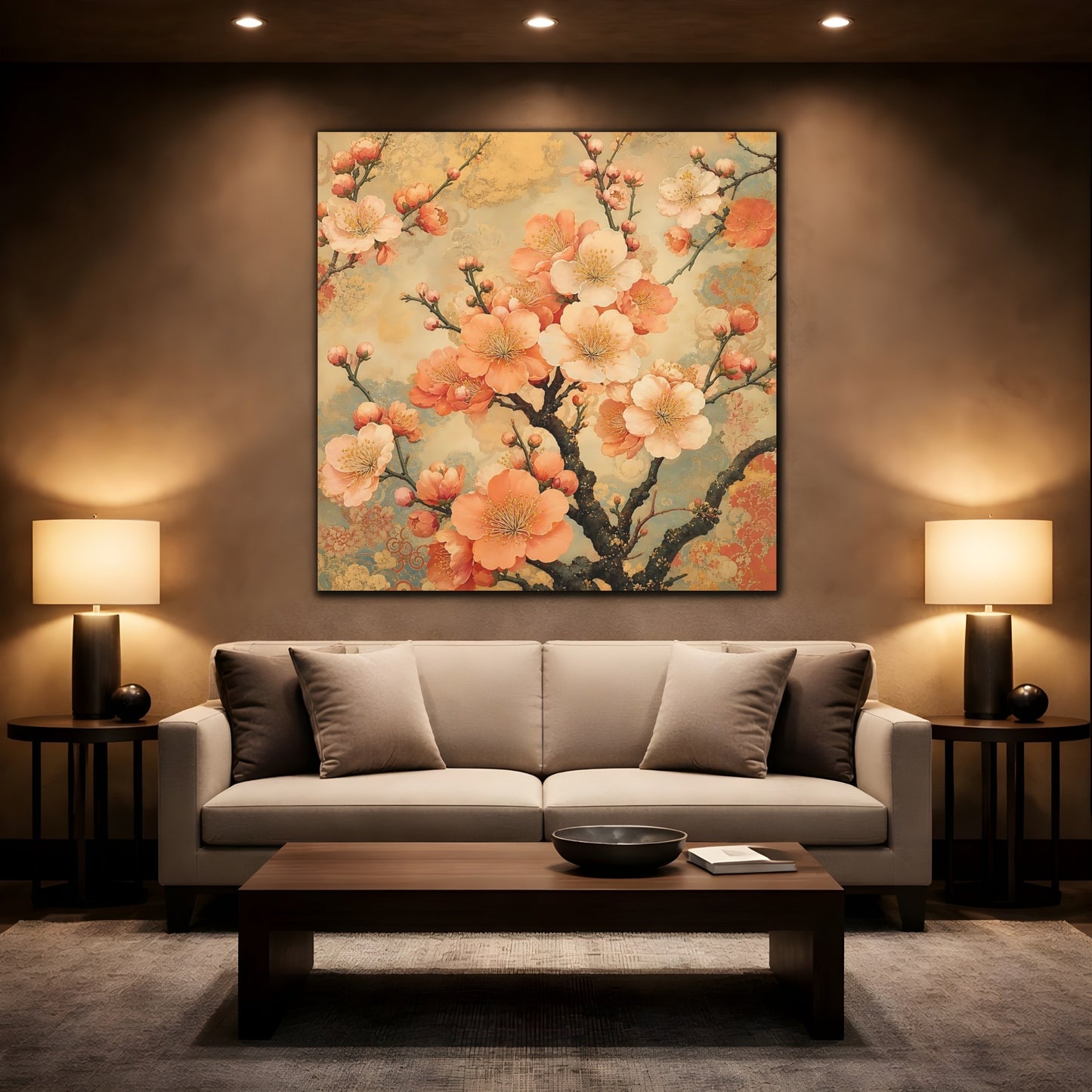 Mockup 2. Floral Cherry Blossoms Peach Gold Floral shown as stretched canvas wall art