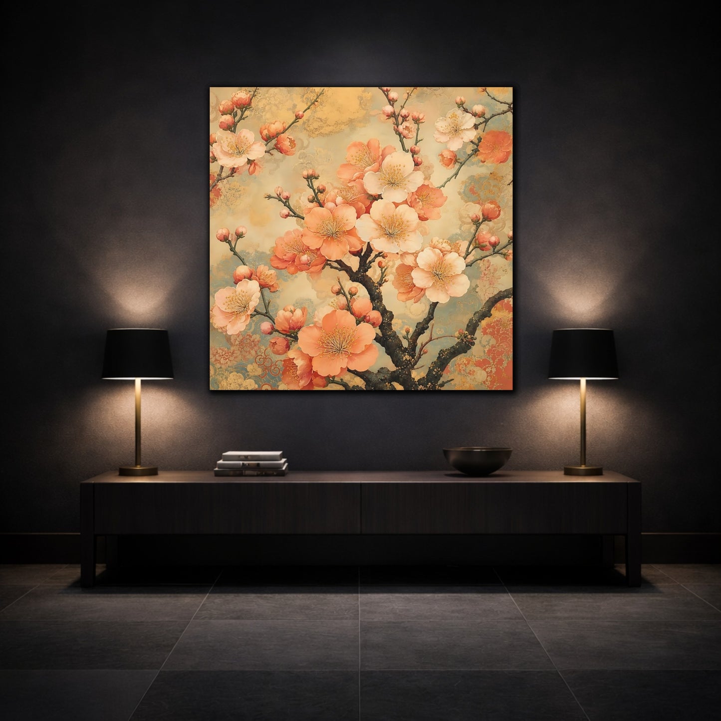 Mockup 3. Floral Cherry Blossoms Peach Gold Floral shown as stretched canvas wall art