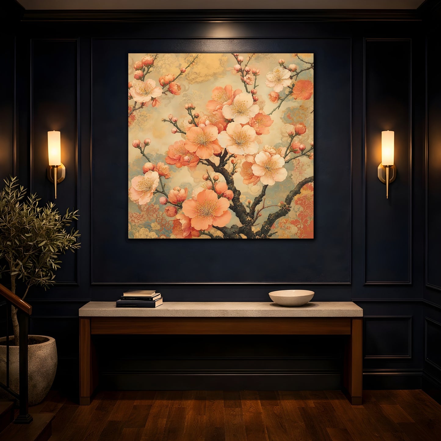 Mockup 4. Floral Cherry Blossoms Peach Gold Floral shown as stretched canvas wall art