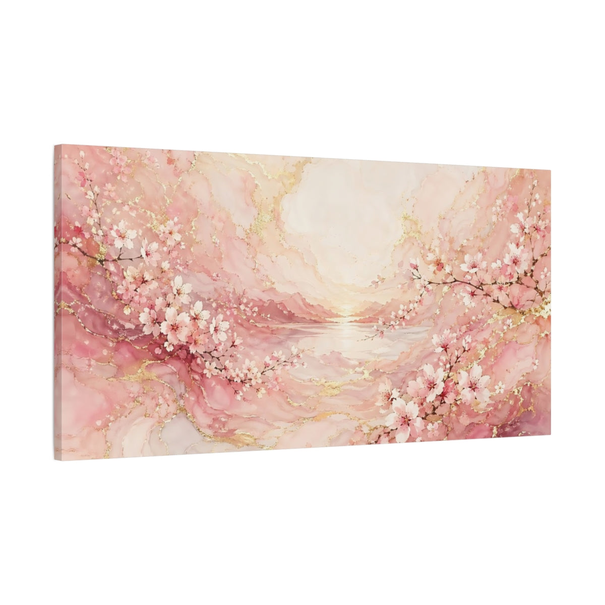 Main Mockup. Floral Cherry Blossoms Pink And Gold shown as stretched canvas wall art