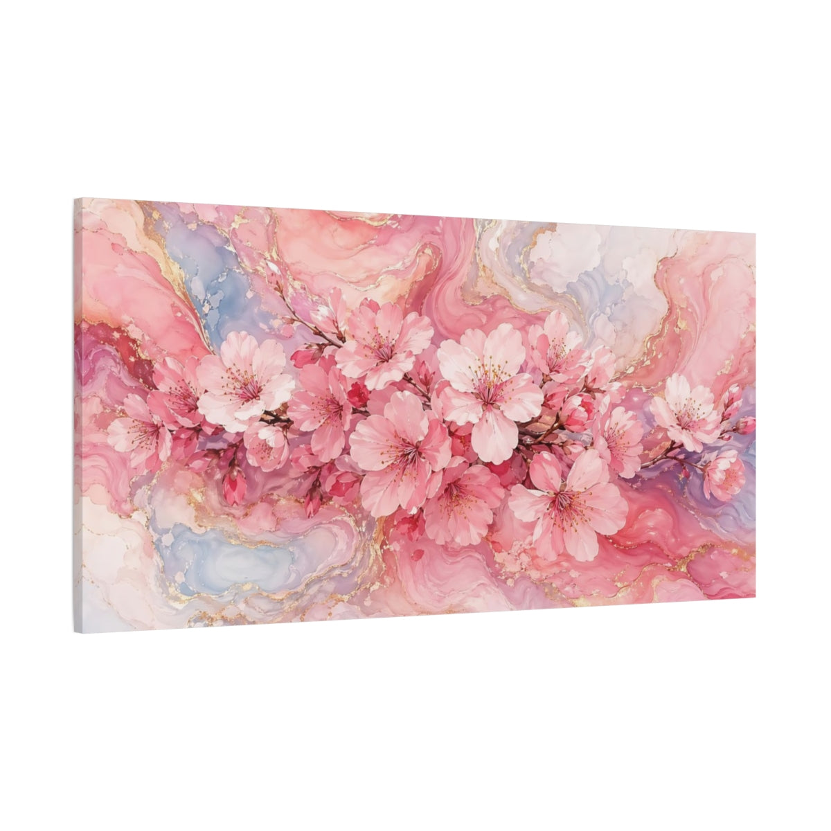 Side Mockup 2. Floral Cherry Blossoms Pink And Gold shown as stretched canvas wall art