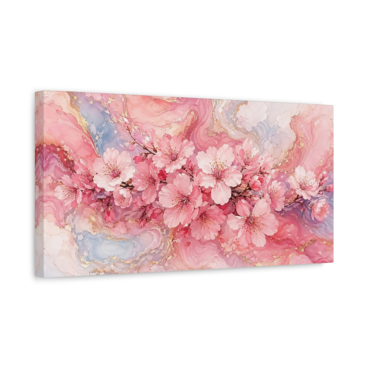 Side Mockup 3. Floral Cherry Blossoms Pink And Gold shown as stretched canvas wall art