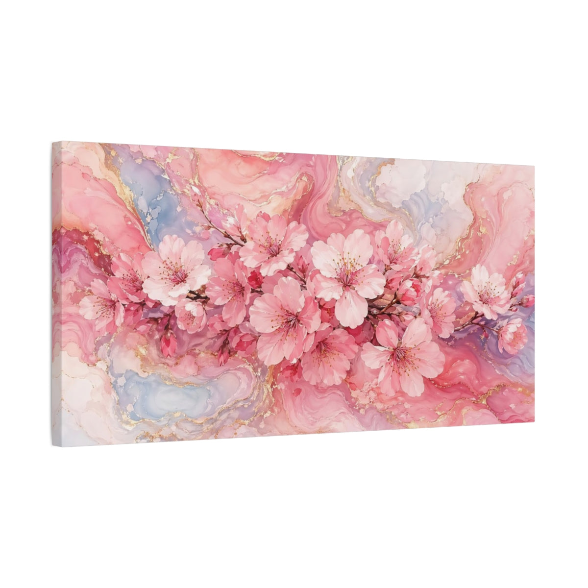 Side Mockup 1. Floral Cherry Blossoms Pink And Gold shown as stretched canvas wall art