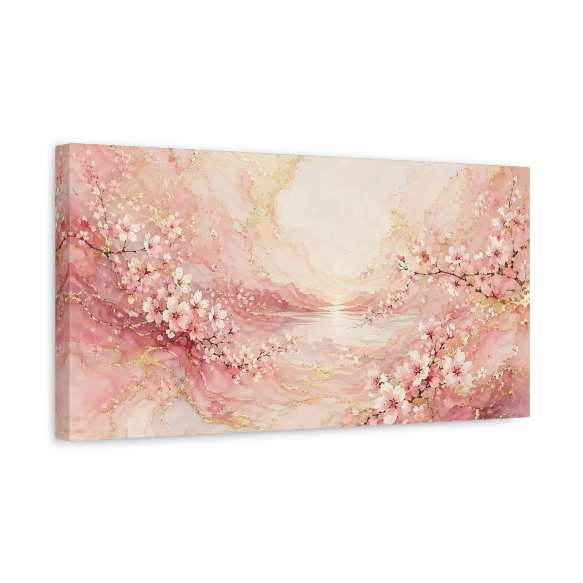 Side Mockup 3. Floral Cherry Blossoms Pink And Gold shown as stretched canvas wall art