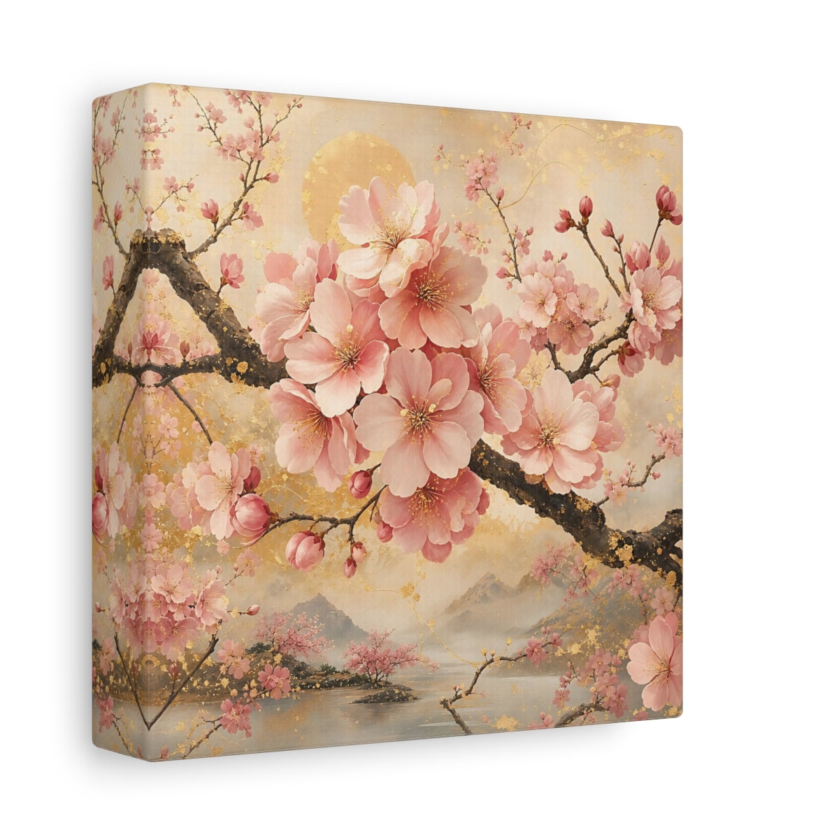 Side Mockup 2. Floral Cherry Blossoms Pink And Gold Floral shown as stretched canvas wall art