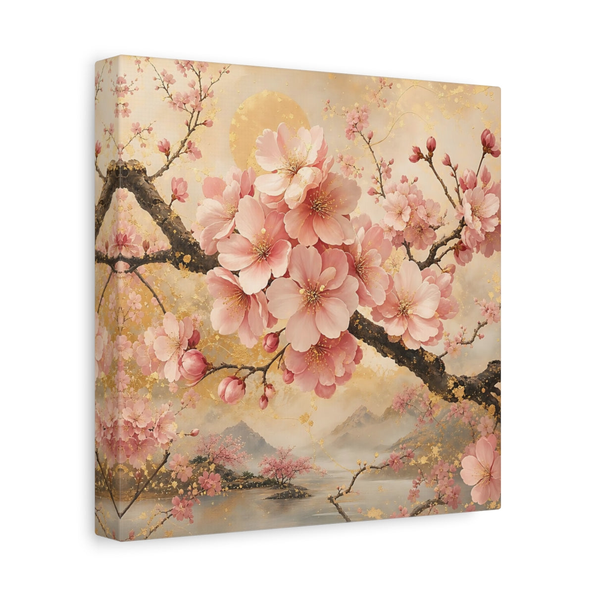 Side Mockup 9. Floral Cherry Blossoms Pink And Gold Floral shown as stretched canvas wall art